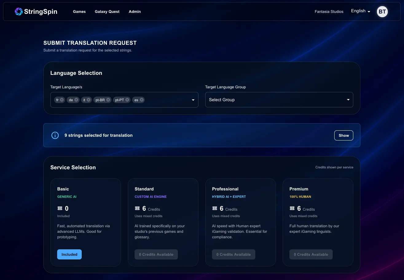 StringSpin dashboard showing submit translation request with language and service selection, listing target languages and four service tiers: Basic, Standard, Professional, and Premium.
