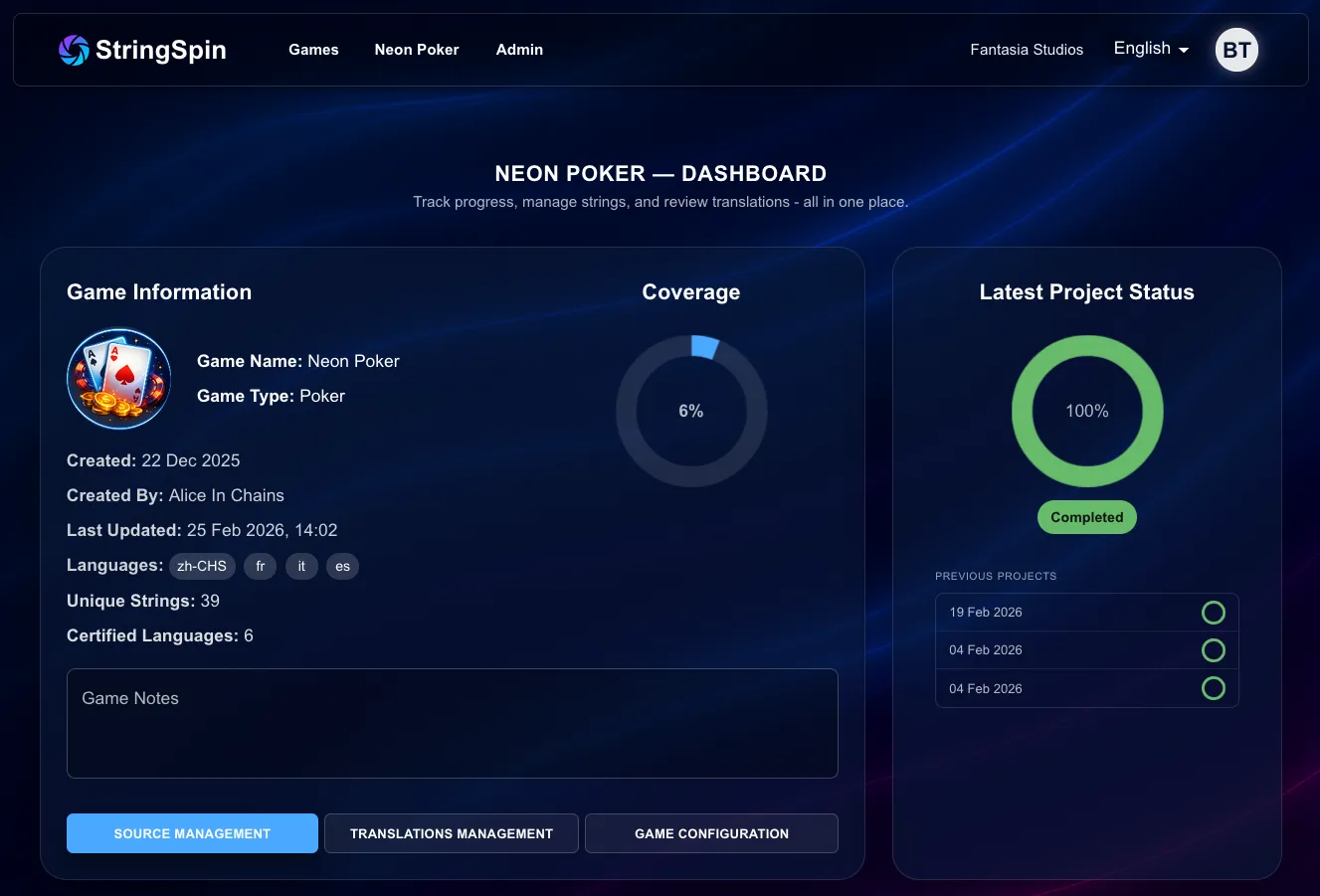 StringSpin dashboard showing Neon Poker game info, 6% coverage, and a 100% completed latest project status.