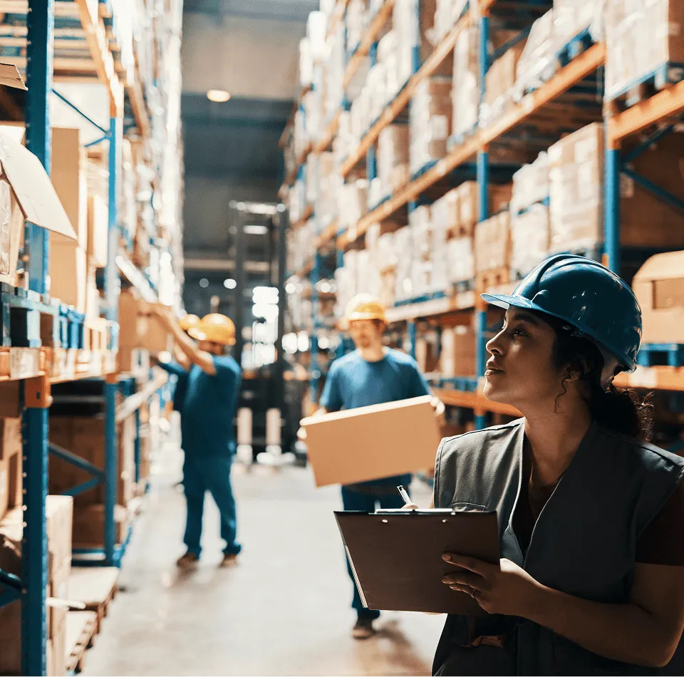 Warehouse workers wearing safety helmets managing and organizing boxes on metal shelves, with one woman holding a clipboard.