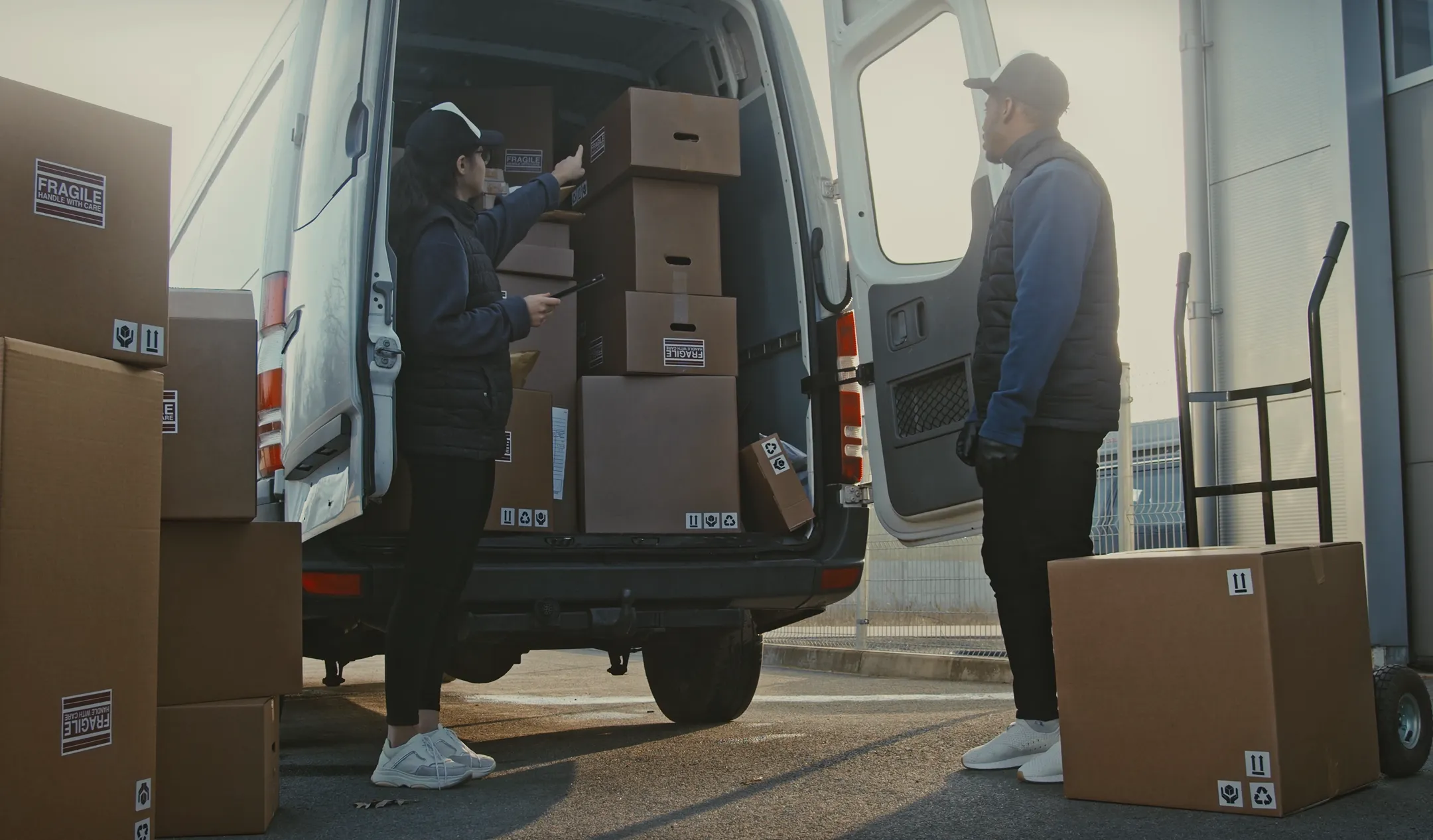 Two delivery workers standing by a white van loaded with cardboard boxes, one pointing inside the van.