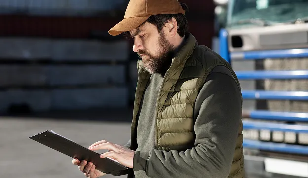 Man wearing a brown cap and green vest using a digital tablet outdoors with a truck in the background.