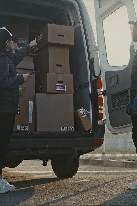 Two people loading or unloading stacked cardboard boxes from the back of a white delivery van.