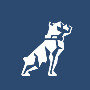 Geometric white dog silhouette sitting against a dark blue background.