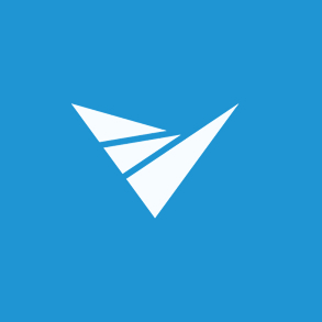White stylized paper airplane icon on a blue background.