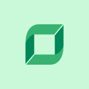 Abstract green geometric logo resembling a rotated square with a cut-out center on a light green background.