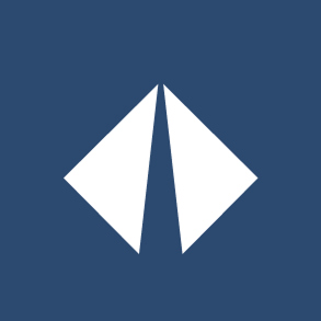 White stylized diamond shape with a vertical split on a dark blue background.