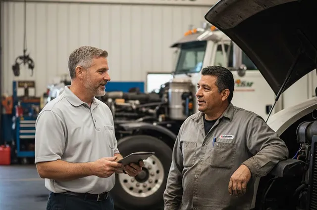 Two men in a garage or workshop talking near an open vehicle hood, one holding a tablet and the other wearing a mechanic uniform.