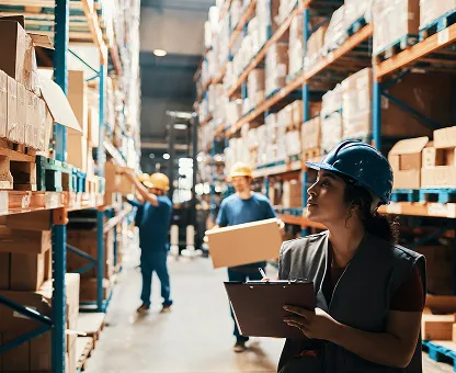 Warehouse workers wearing helmets organizing and carrying boxes amid tall shelves filled with packages.
