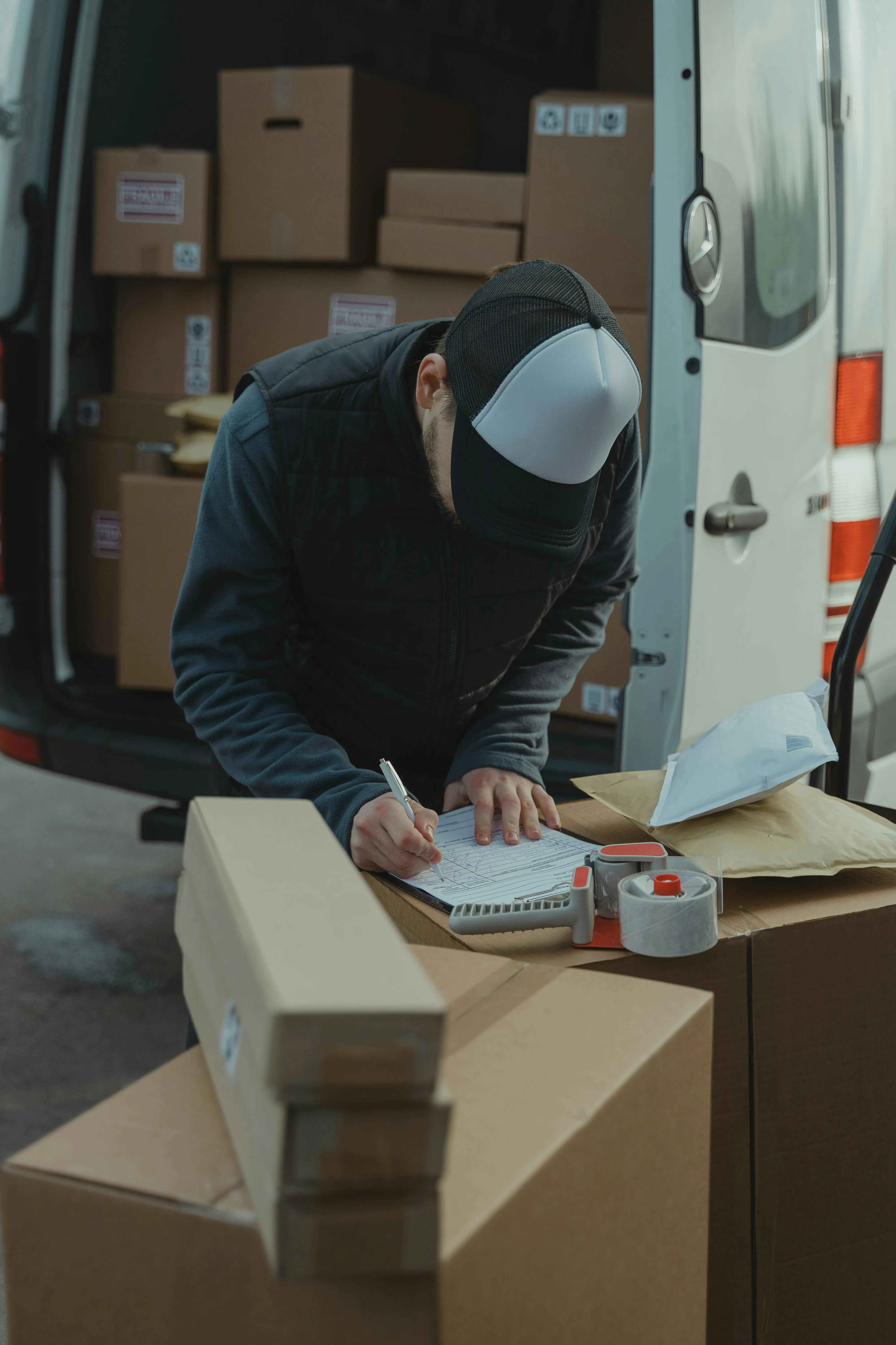 A delivery person wearing a cap and vest filling out paperwork on a clipboard next to packages and a tape dispenser by a van with open doors.