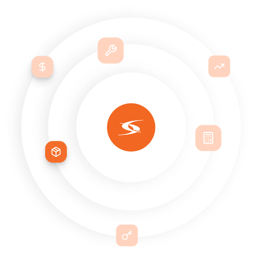 Central orange circle with logo, surrounded by six icons: wrench, ascending graph, calculator, key, box, and dollar sign arranged in circular rings.