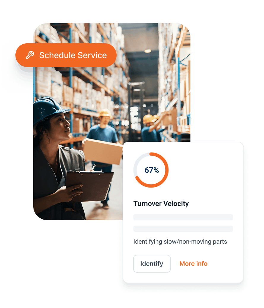 Warehouse workers with hard hats managing inventory, alongside a dashboard showing 67% turnover velocity for identifying slow or non-moving parts.