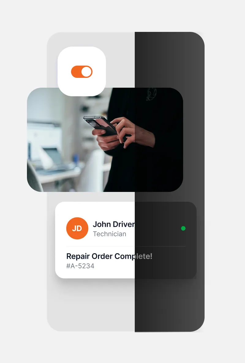 Split screen showing a person using a smartphone on the left and a notification from John Driver, Technician, stating Repair Order Complete #A-5234 on the right.