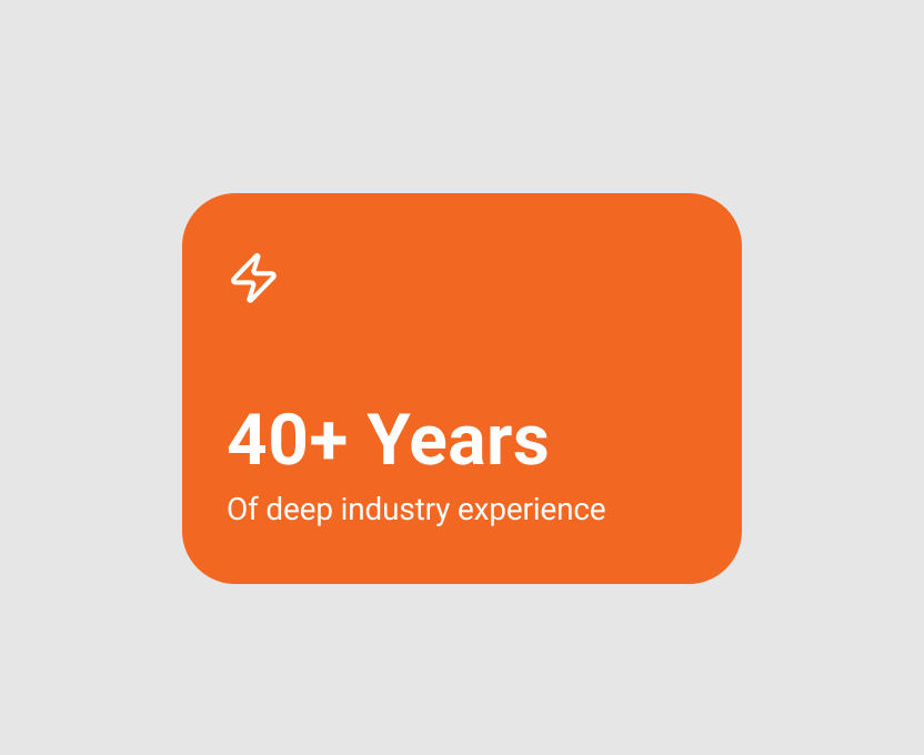 Orange rounded rectangle with white lightning bolt icon and text reading '40+ Years of deep industry experience' on a light gray background.