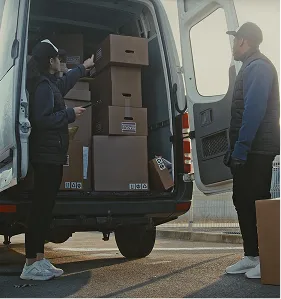 Two people unloading or organizing stacked cardboard boxes in the back of an open delivery van.