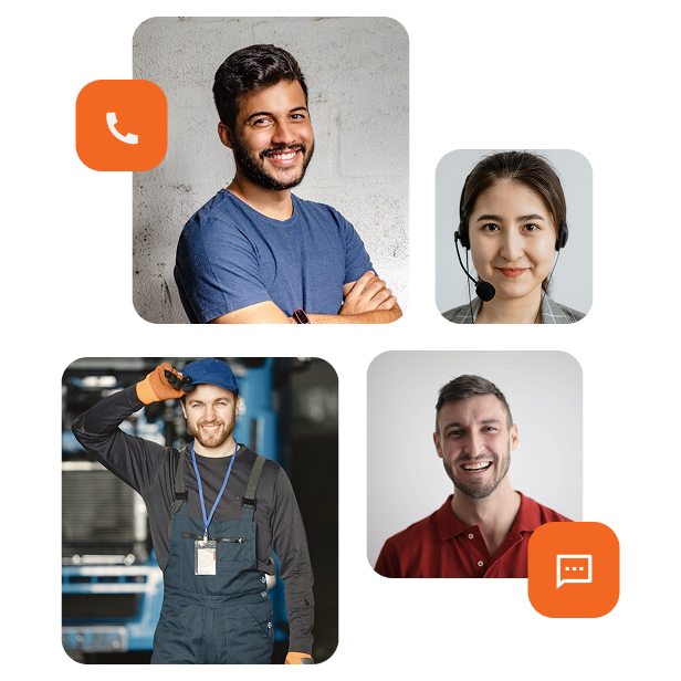 Collage of four smiling customer service and support professionals; one woman with headset, three men, one in work uniform, with phone and chat icons.