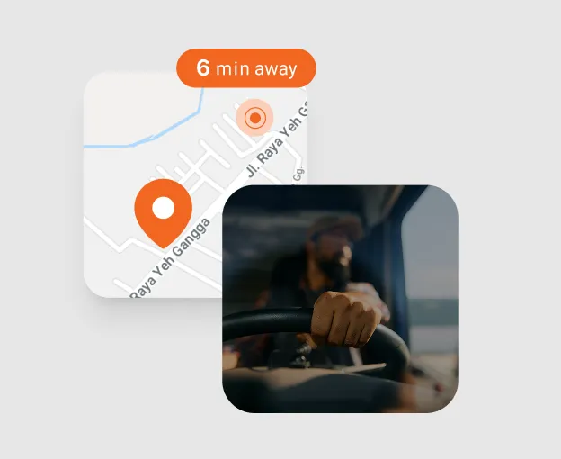 Map showing a location marked 6 minutes away and a person driving, hand on the steering wheel.