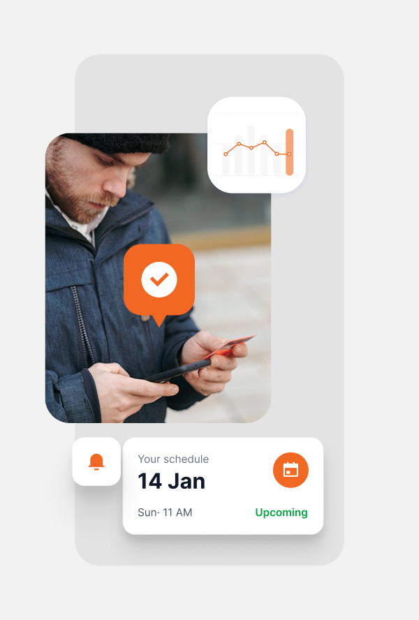 Man in dark jacket and beanie holding a phone with an orange checkmark icon, a small chart graphic, and a schedule notification for January 14 at 11 AM labeled as upcoming.