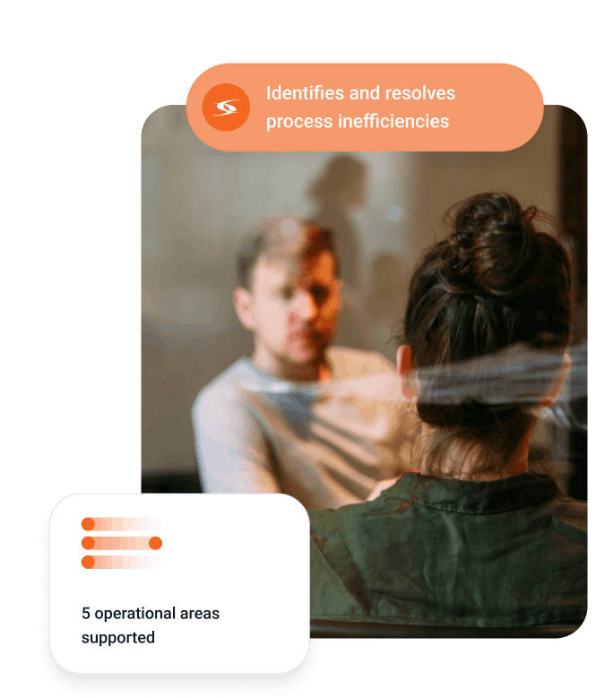 Blurred image of two people in conversation, overlaid with text bubbles stating 'Identifies and resolves process inefficiencies' and '5 operational areas supported.'