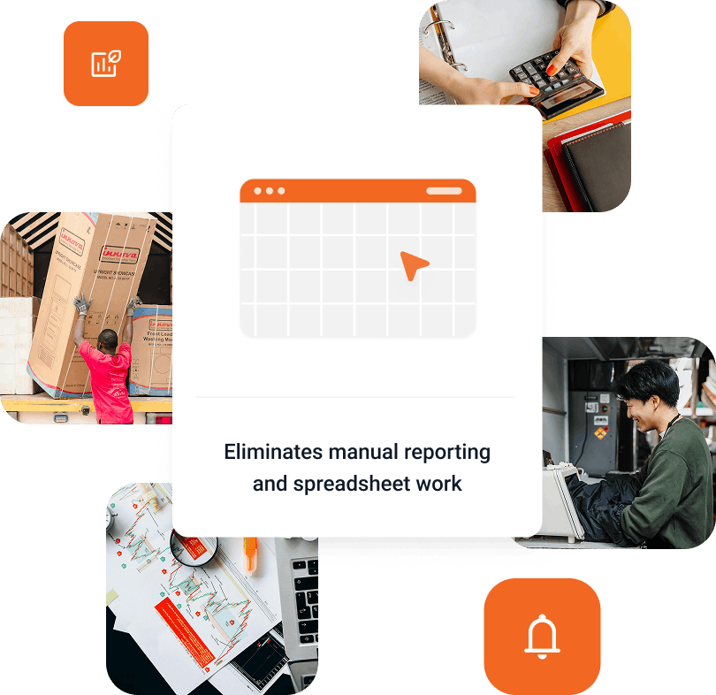 Collage showing a calendar icon with a cursor, a man handling large packages, a person using a calculator, a man working on a laptop, and financial charts, illustrating elimination of manual reporting and spreadsheet work.
