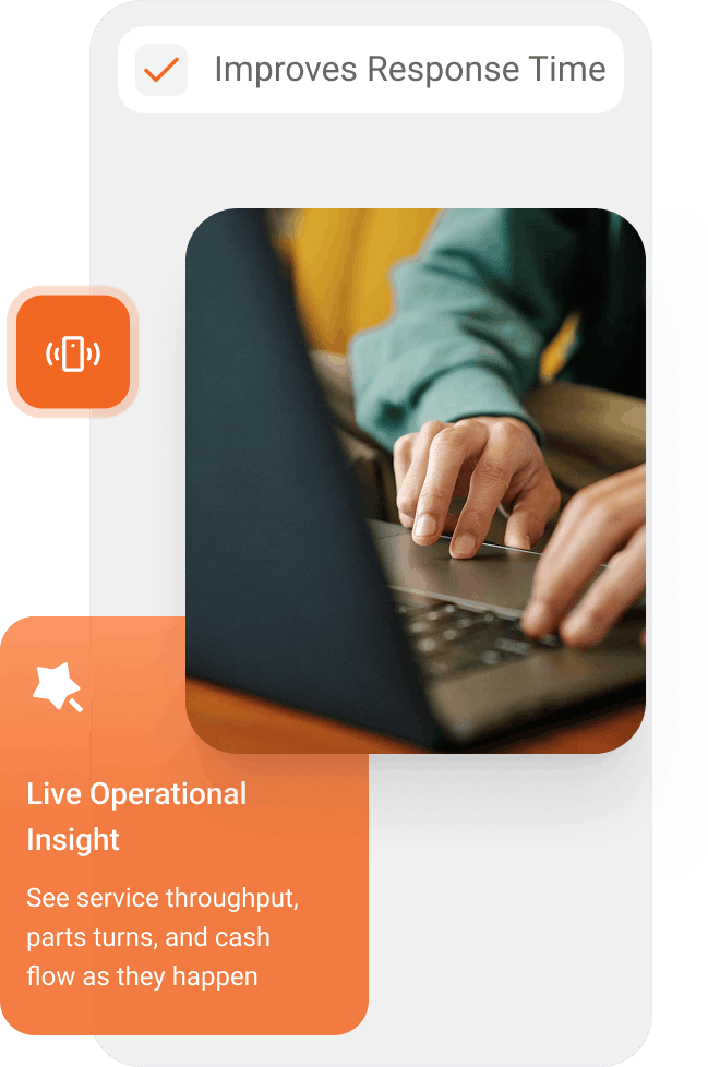 Person typing on a laptop keyboard with text highlighting live operational insight improving response time and tracking service throughput, parts turns, and cash flow.