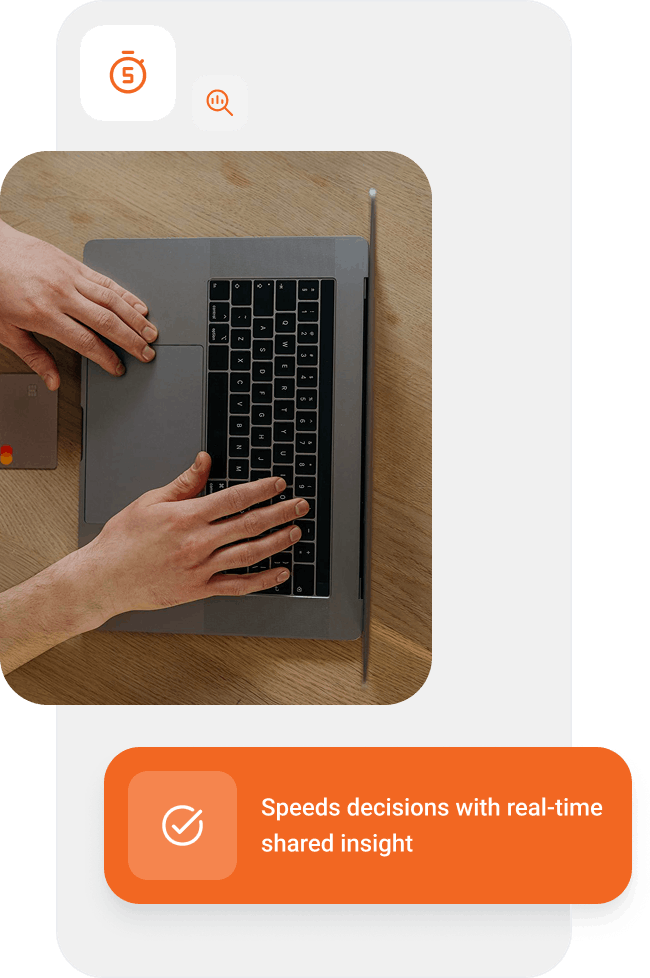 Person using a laptop keyboard on a wooden table next to a credit card, with overlay icons and text stating 'Speeds decisions with real-time shared insight'.