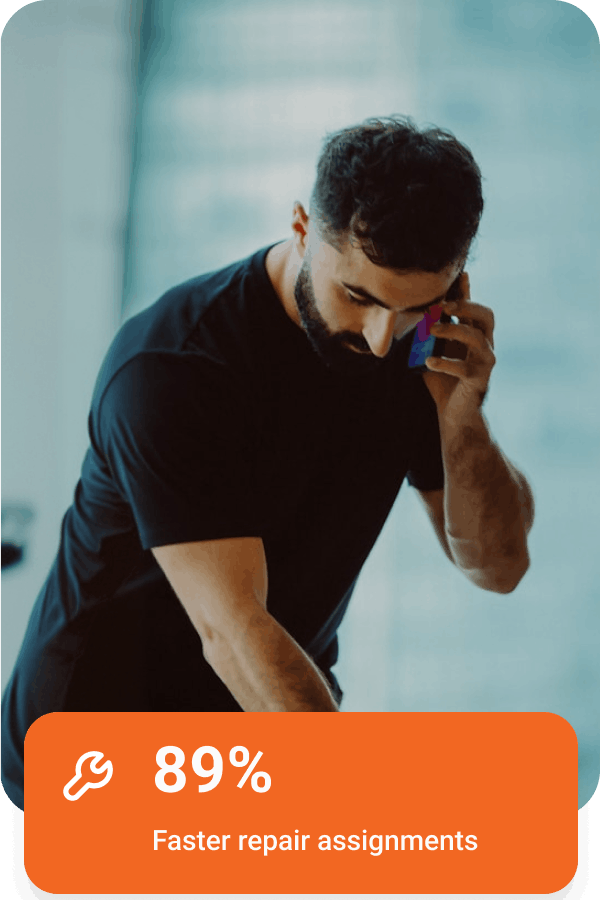 Man in black shirt talking on phone with text box showing 89% faster repair assignments.