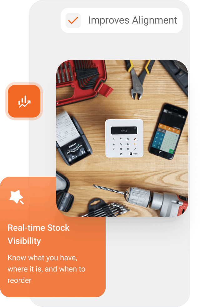 A wooden workbench with tools including a drill, pliers, drill bits, a receipt printer, a smartphone displaying a calculator app, and a white SumUp card reader in the center.