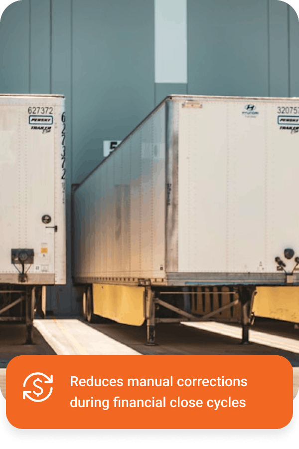 Two white semi-trailers parked side by side at loading docks with a caption box stating reduction of manual corrections during financial close cycles.