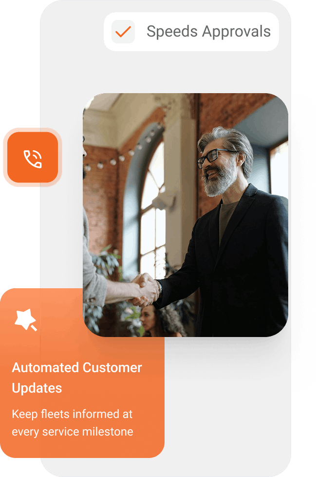 Two people shaking hands in a bright room with large windows and brick walls, representing automated customer updates.