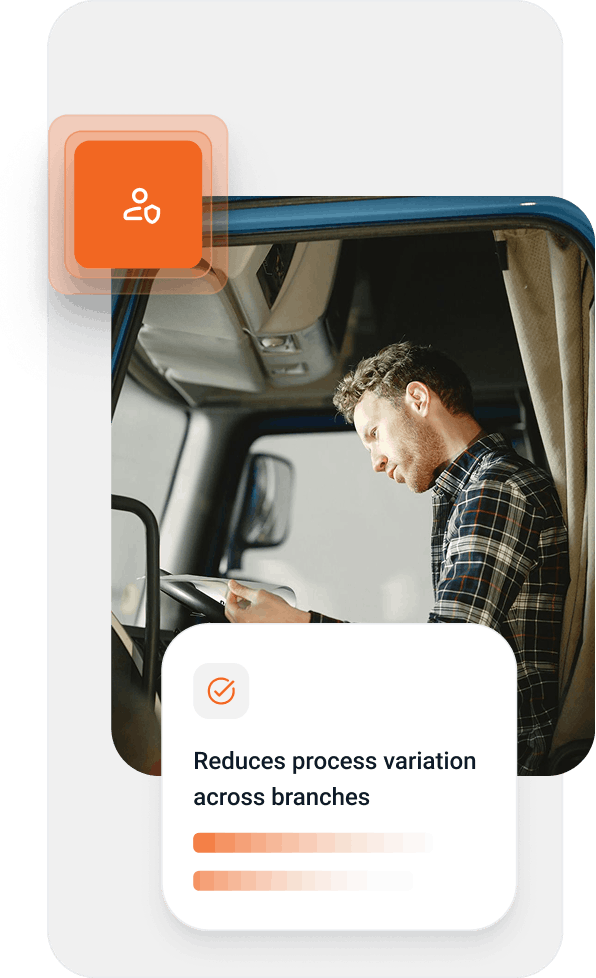 Man in plaid shirt sitting in the driver's seat of a truck, looking down, with overlay text reading 'Reduces process variation across branches'.