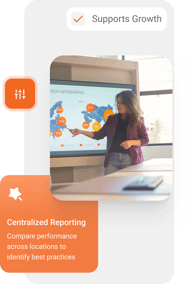 Woman pointing at a world map infographic on a screen showing performance percentages by region, illustrating centralized reporting for comparing locations.