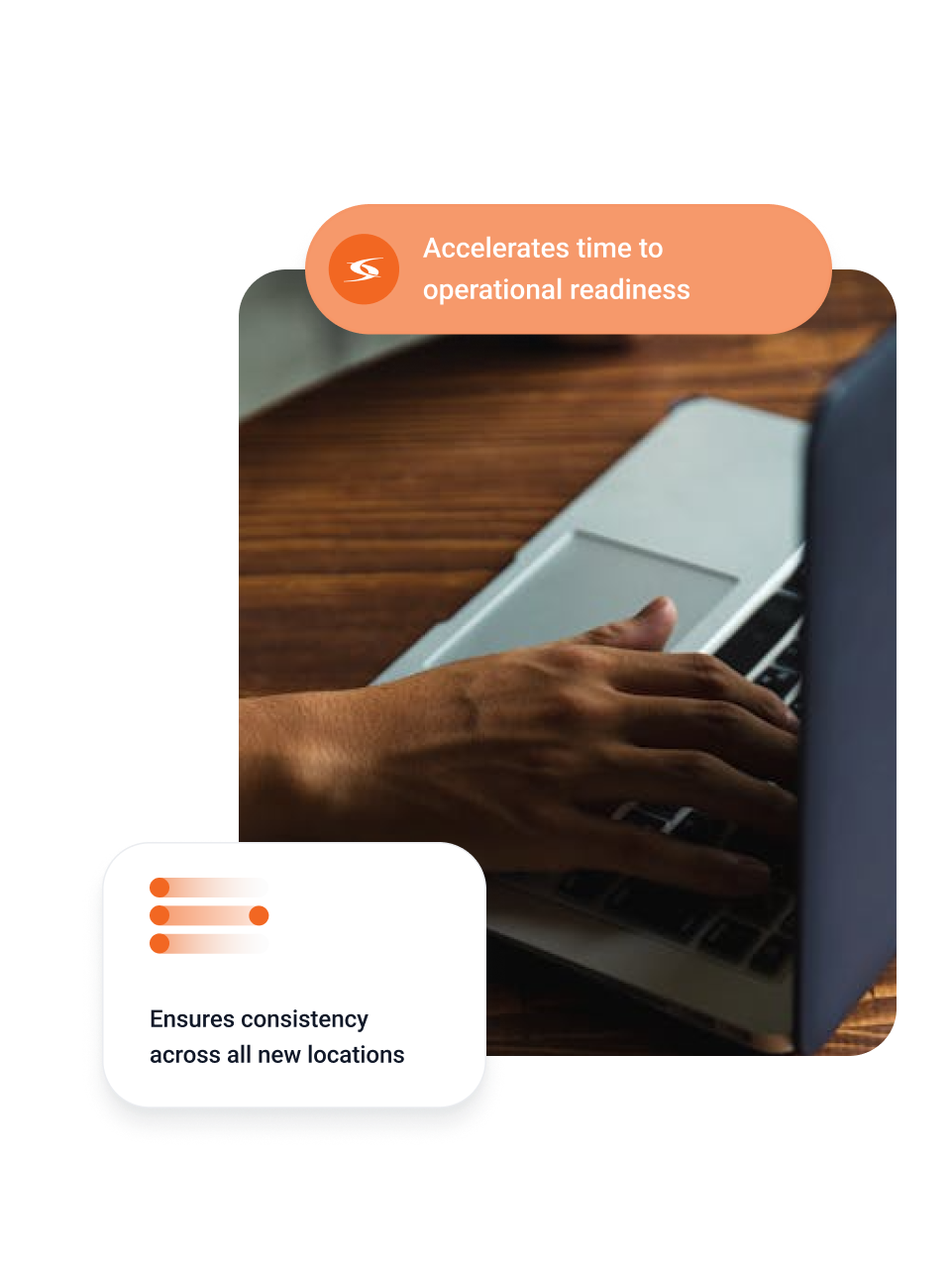 Hand typing on a laptop keyboard on a wooden table, with text about operational readiness and consistency.