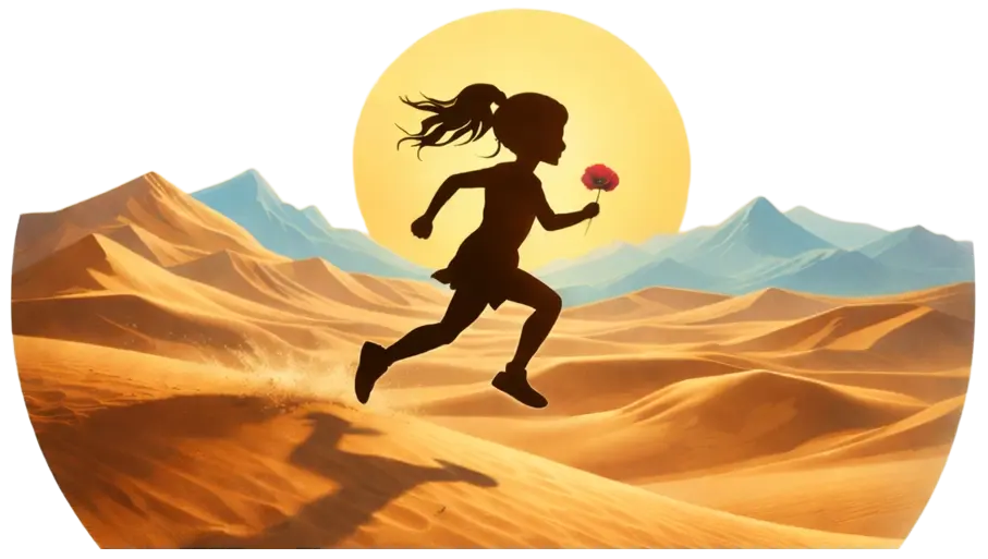Logo L'Emie-Stinguette, petite fille qui court dans les dunes, les montagnes de l'atlas en fond et le soleil. Elle tient dans sa main un coquelicot