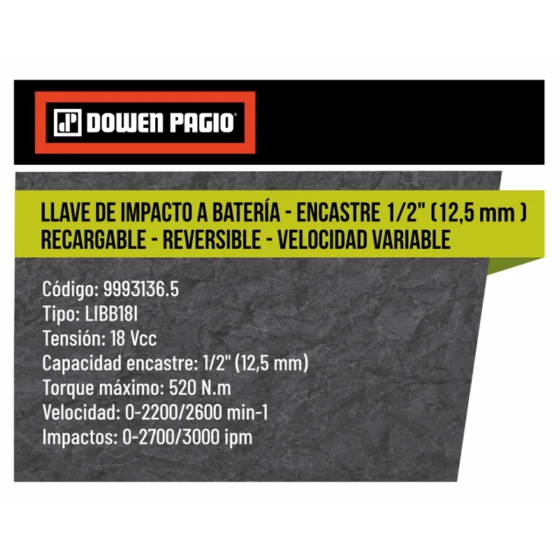 Llave de Impacto a Batería - Brushless - Encastre 1/2" - 9993136.5 | Dowen Pagio