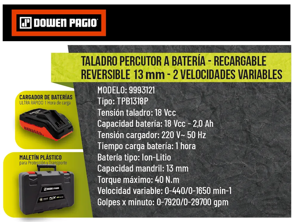 Taladro Percutor a Batería - 13 mm - 9993121 | Dowen Pagio