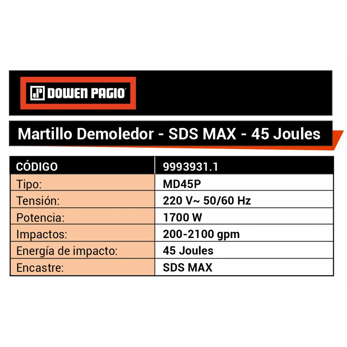 Martillo Demoledor - 45 Joules - 9993931.1 | Dowen Pagio