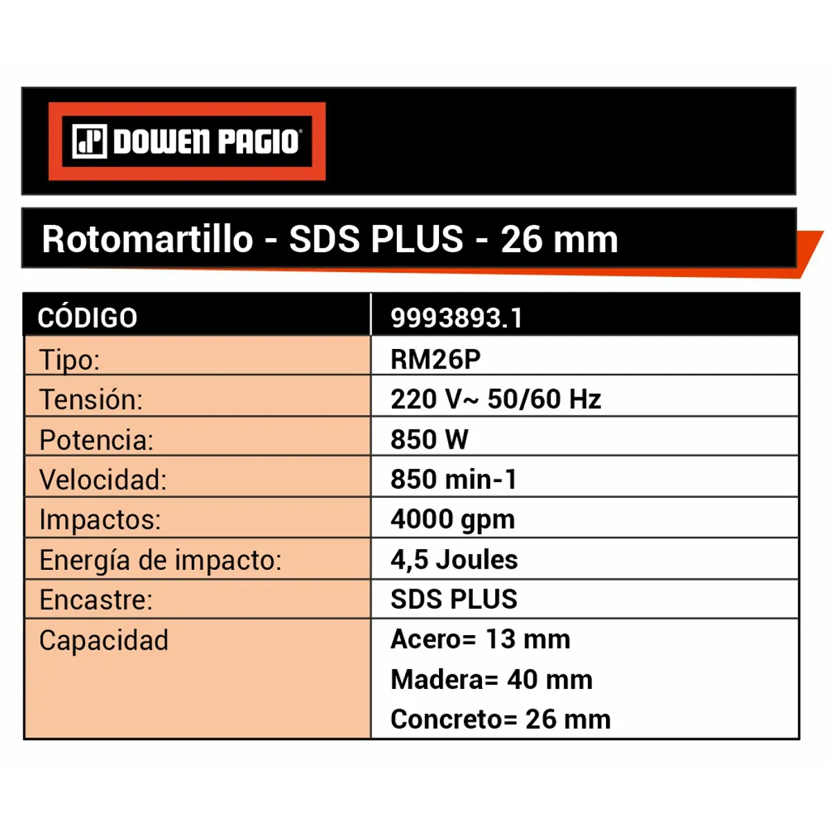 Rotomartillo - 26 mm - 4,5 Joules - 9993893.1 | Dowen Pagio