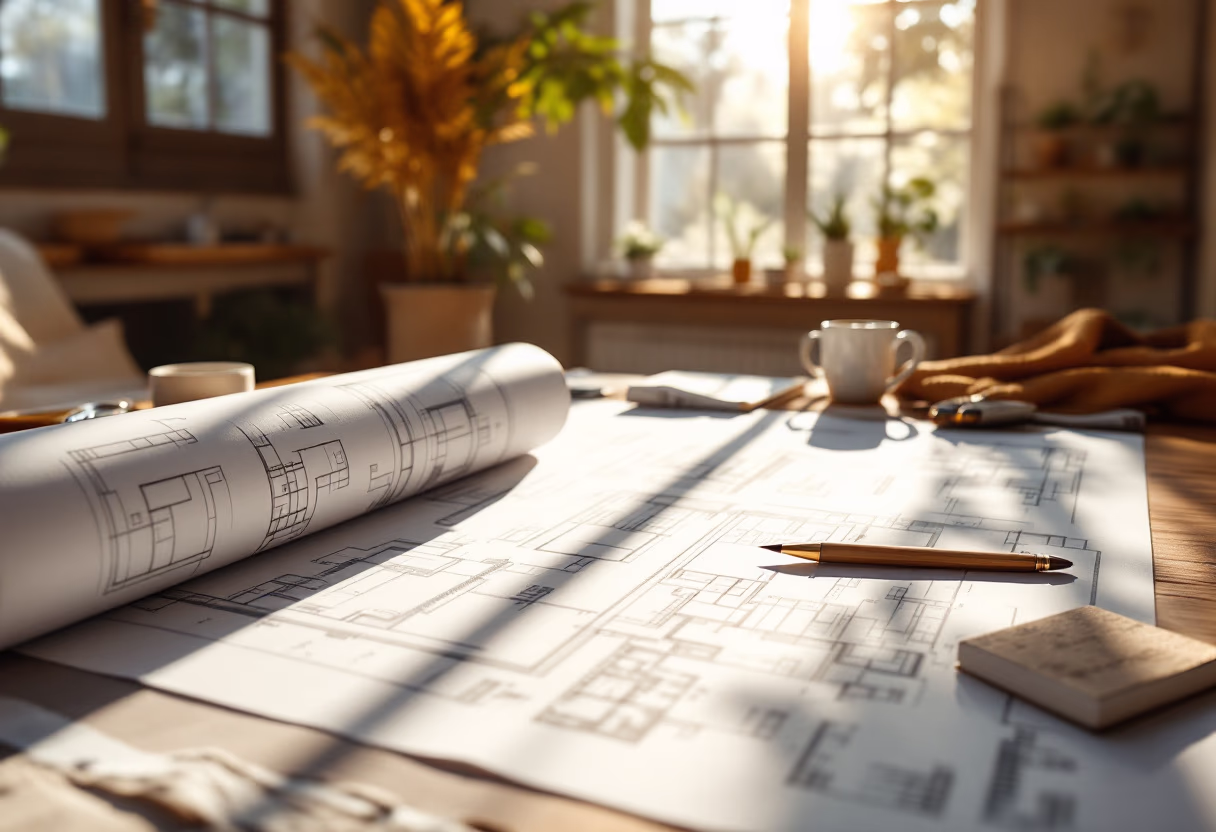 Architectural blueprints spread on a wooden table with a pen, sticky notes, and a cup in a sunlit room.