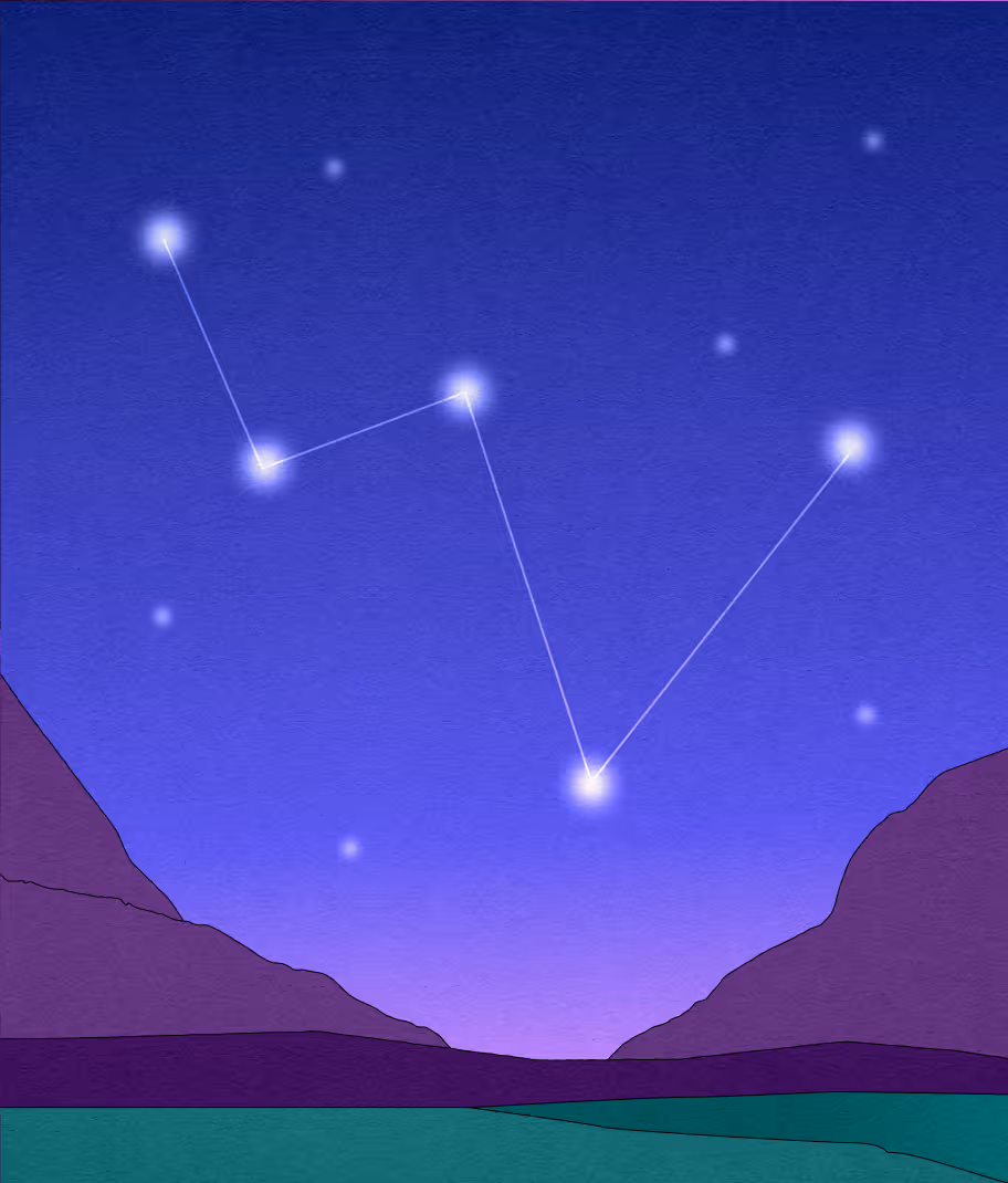 Illustration of the Big Dipper constellation glowing in a clear night sky above purple mountains and green fields.