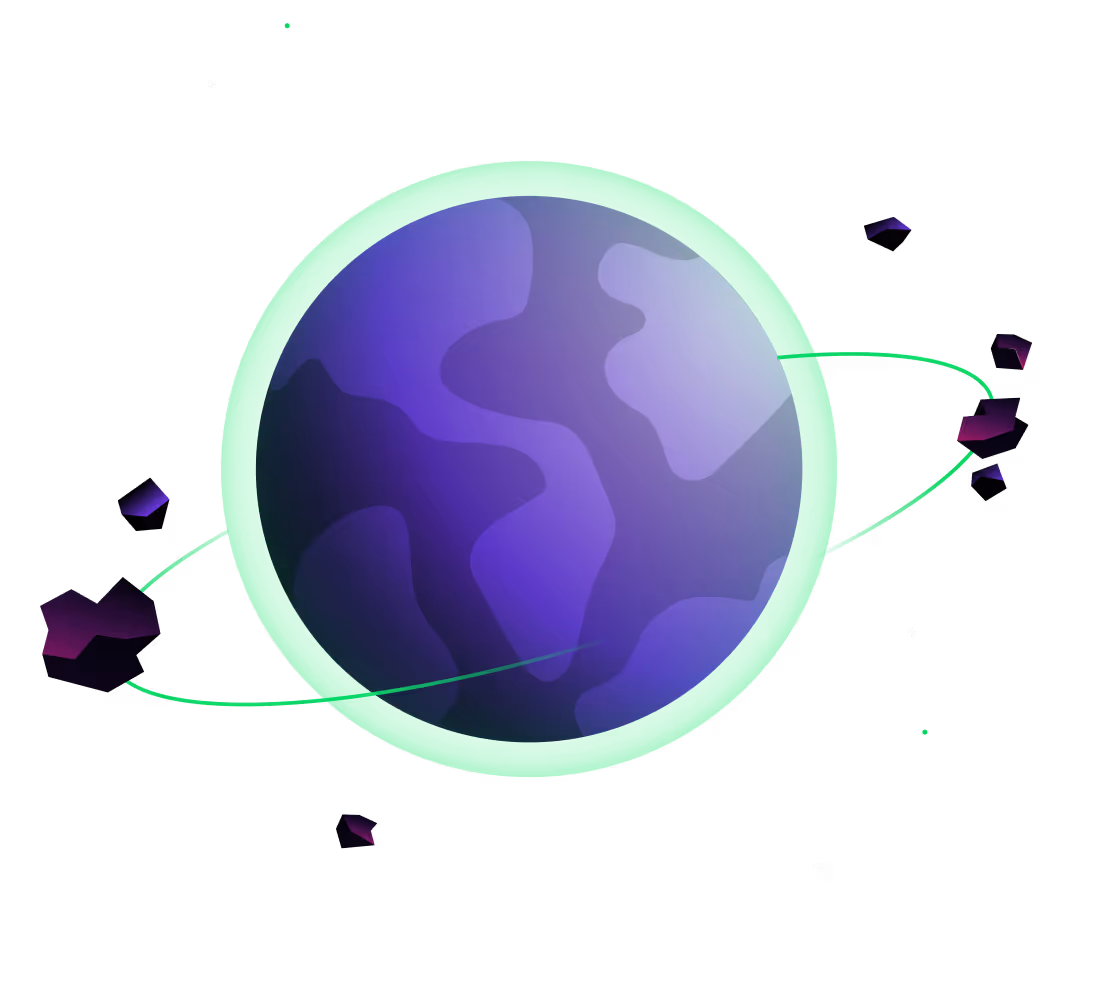 Illustration of a purple and blue planet with a glowing green ring and orbiting space debris.