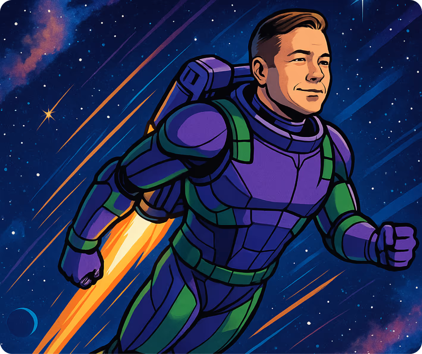 Illustration of a smiling man in a purple and green space suit flying through a starry galaxy with a jetpack emitting flames.