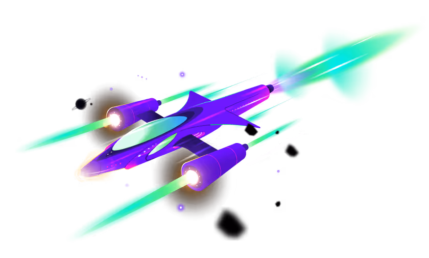 Futuristic purple and green rocket ship with glowing thrusters launching with a bright green flame.