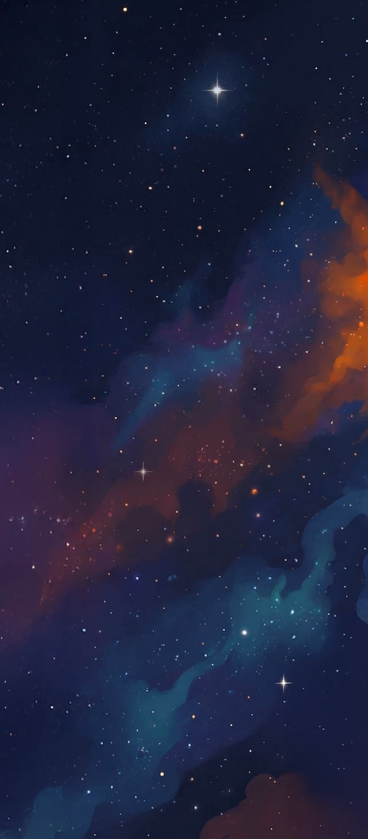 Colorful nebula with blue, purple, and orange hues scattered with bright stars in outer space.