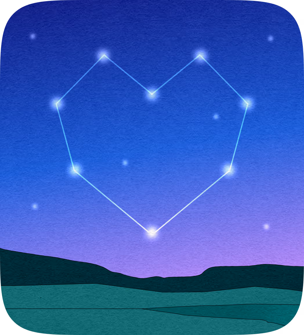 Night sky with stars connected to form a heart-shaped constellation above rolling hills.