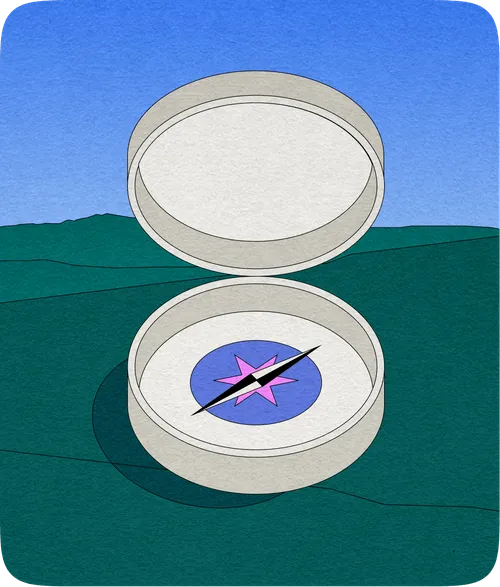 Illustration of an open compass with a pink star and black needle on a landscape background.