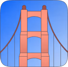 Simplified illustration of the upper part of the Golden Gate Bridge tower against a blue sky.