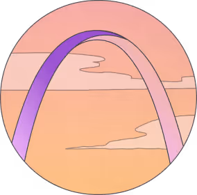 Stylized purple and pink Gateway Arch against a peach-colored sunset sky with clouds.