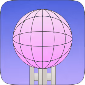 Pink spherical structure with black grid lines mounted on a gantry against a blue sky.