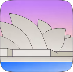 Illustration of Sydney Opera House with white sails against a purple and pink sky.
