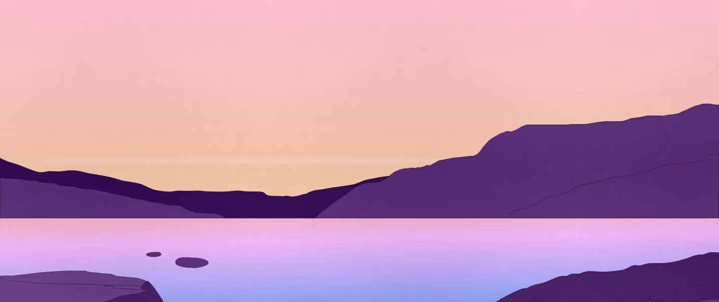 Digital illustration of purple mountains surrounding a calm lake under a pink and orange sky at sunset.